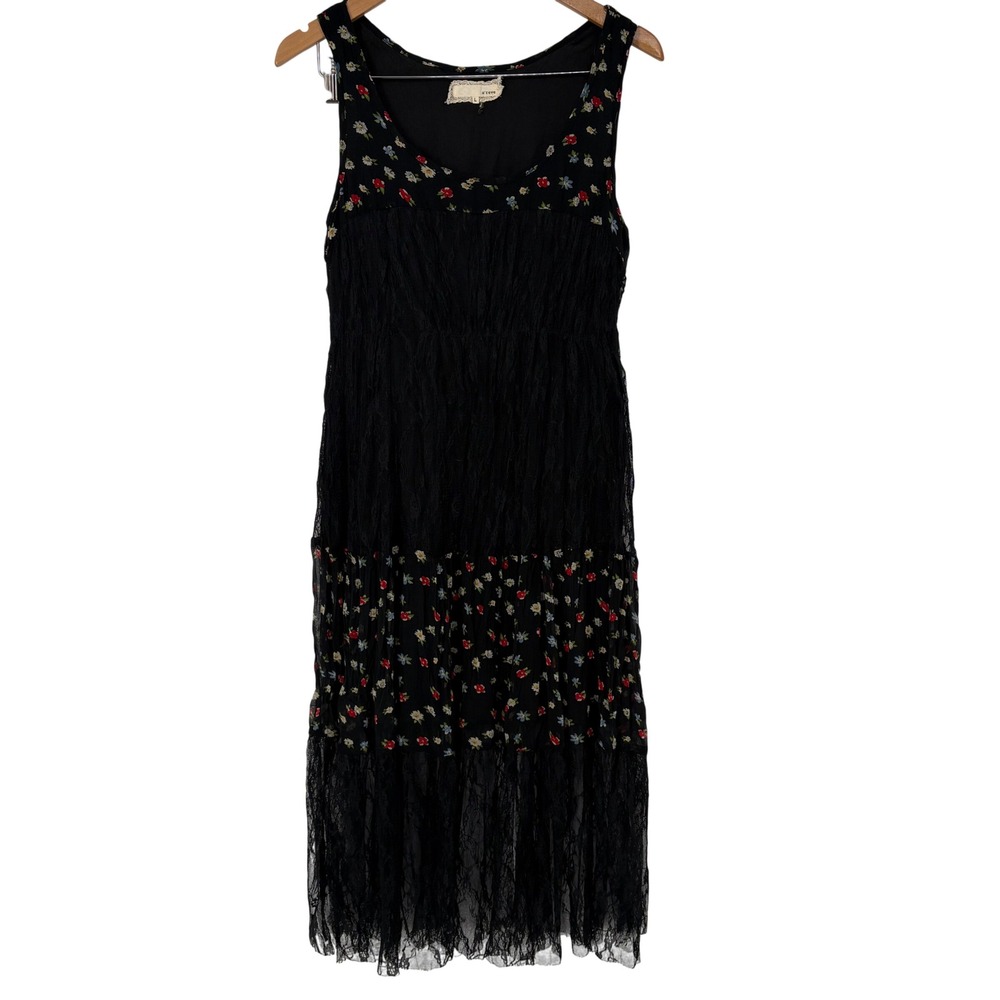 A'reve Black Floral Lace Tiered Midi Dress L Black Mixed Media Dark Fairy Witchy